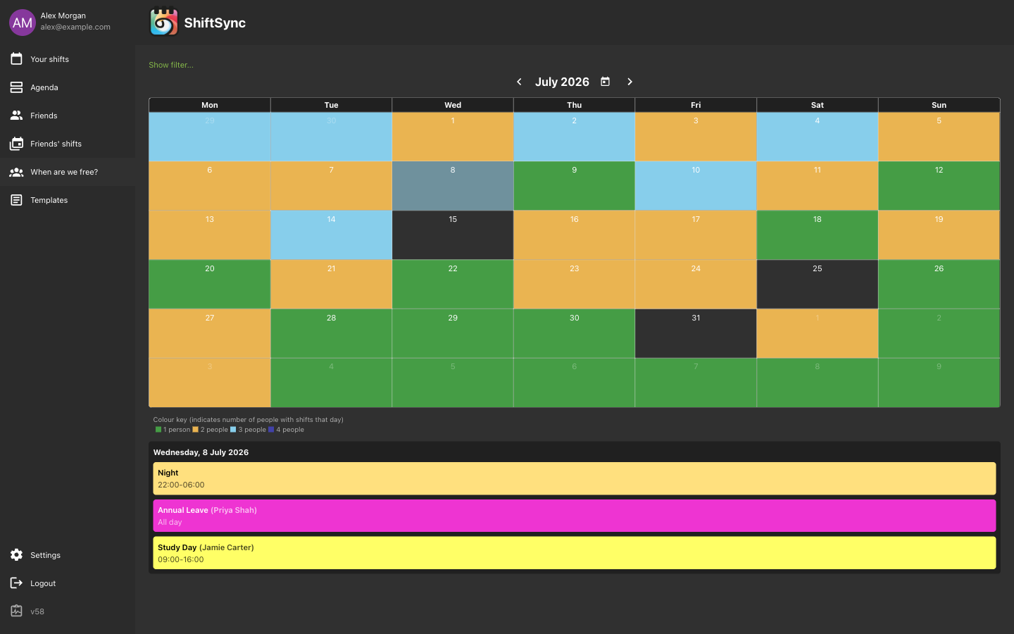 ShiftSync when-are-we-free overview — desktop view