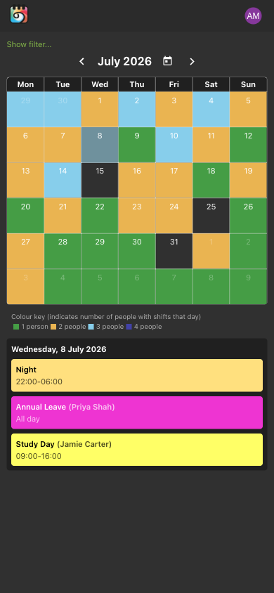 ShiftSync when-are-we-free overview — mobile view