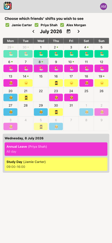 Shared friends' rota — mobile view